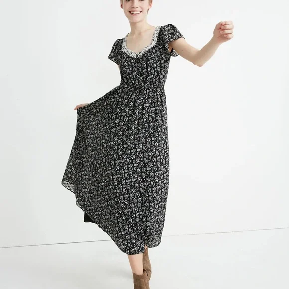 Madewell sheer puff sleeve dress in Branch Floral Black small 4 - Picture 2 of 8